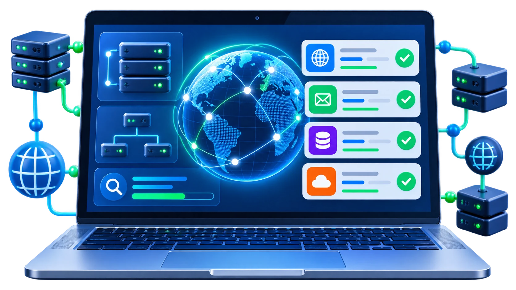 Прозрачная иллюстрация проверки DNS-записей сайта: домен, серверы и подтверждённые ответы