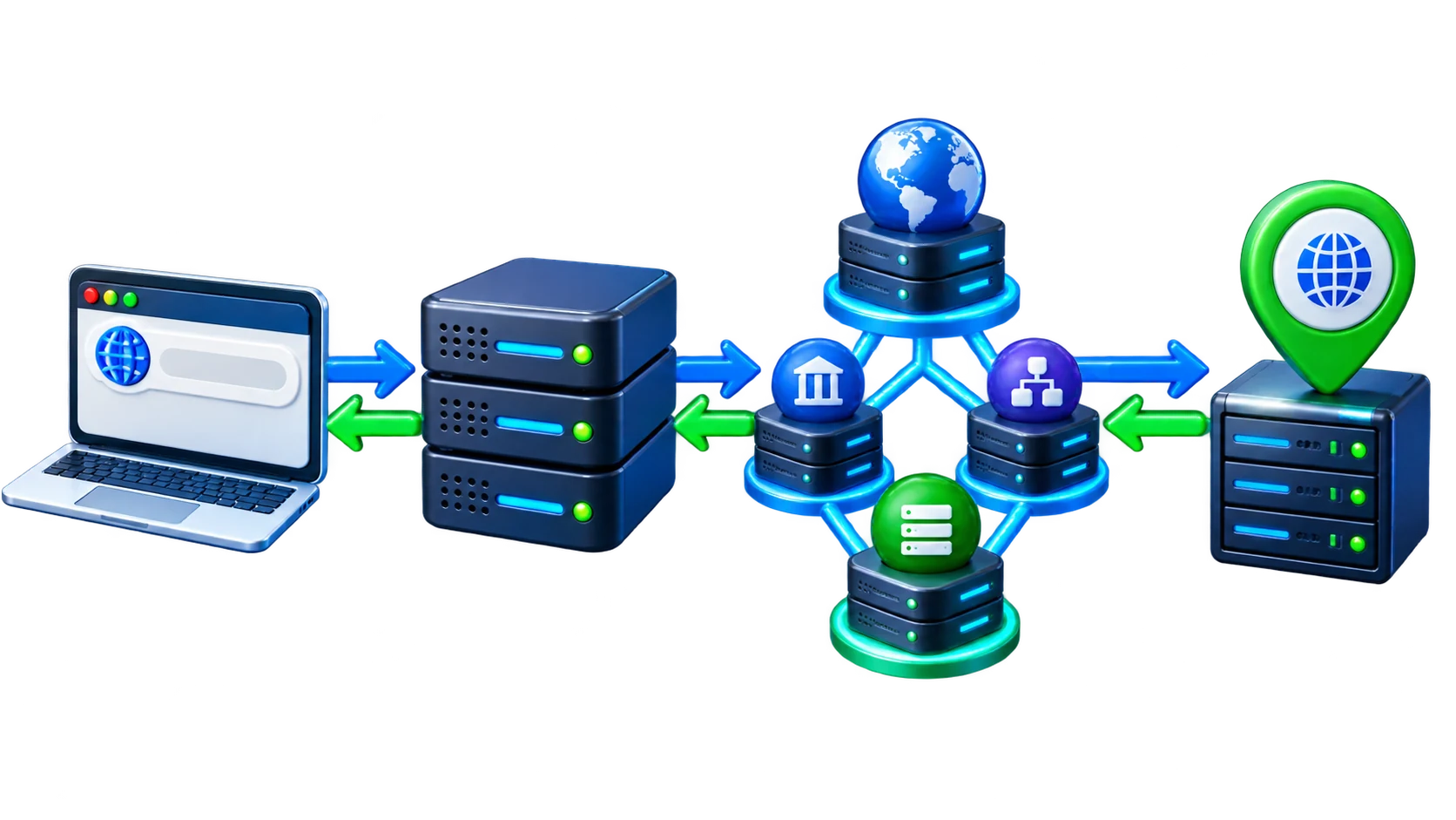 Прозрачная схема DNS-запроса от браузера через резолвер и DNS-серверы к IP-адресу сайта
