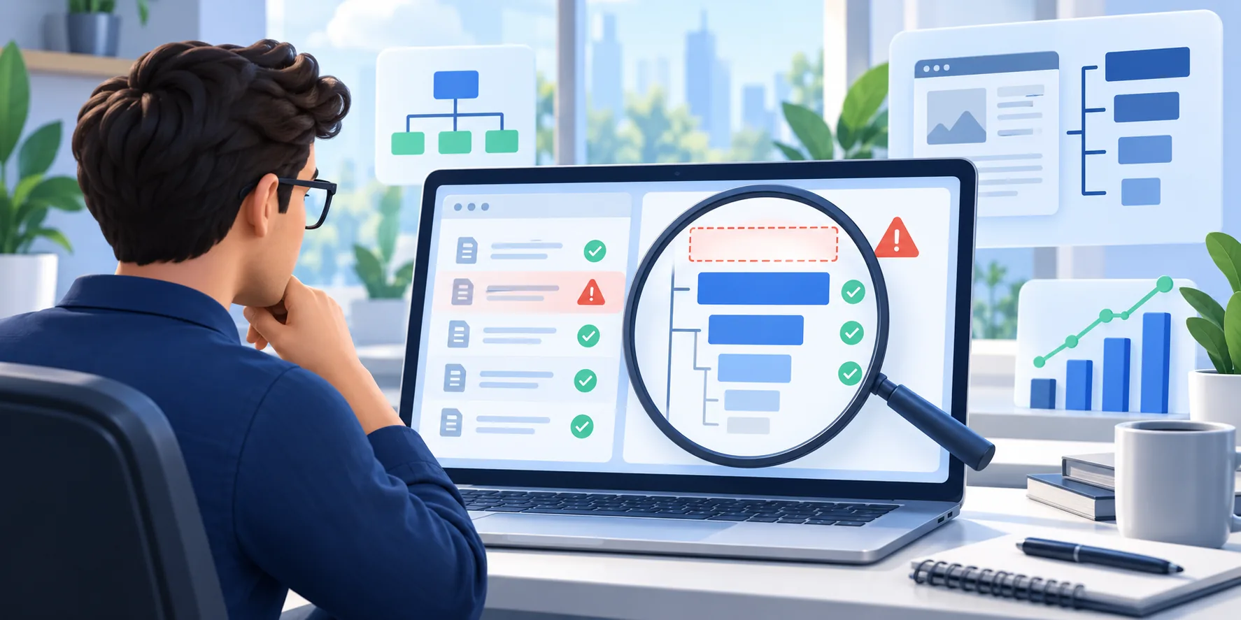 SEO-специалист проверяет страницы сайта без H1 и иерархию заголовков H1–H6