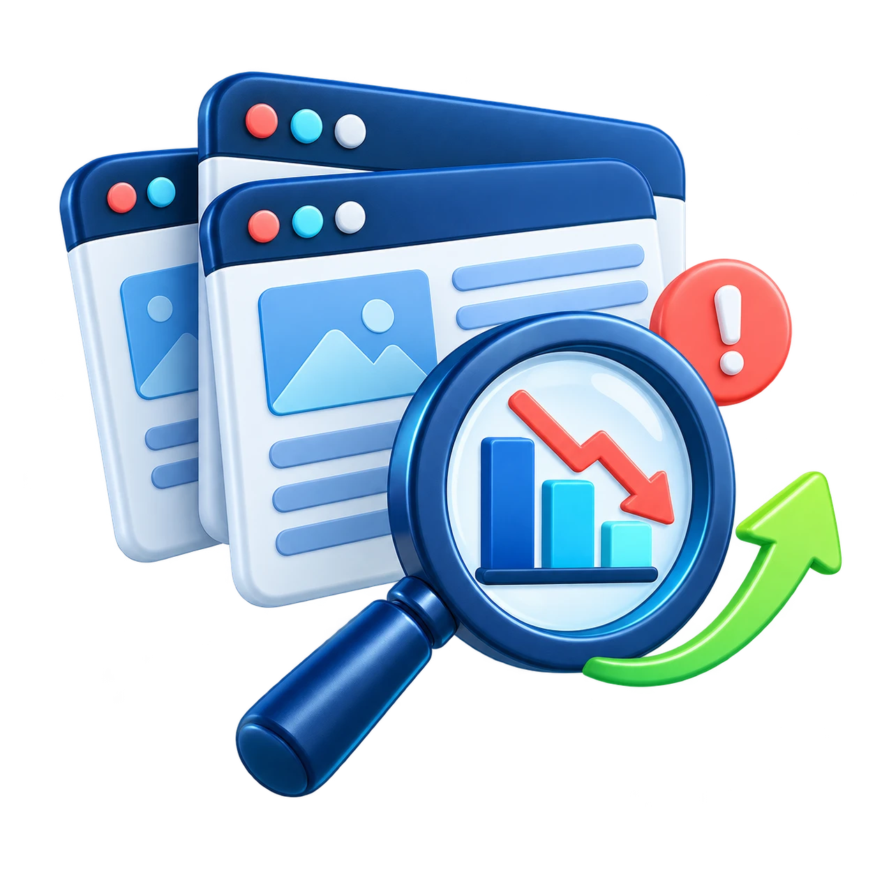 Иконка поиска потерянного SEO-трафика: страницы, лупа и график