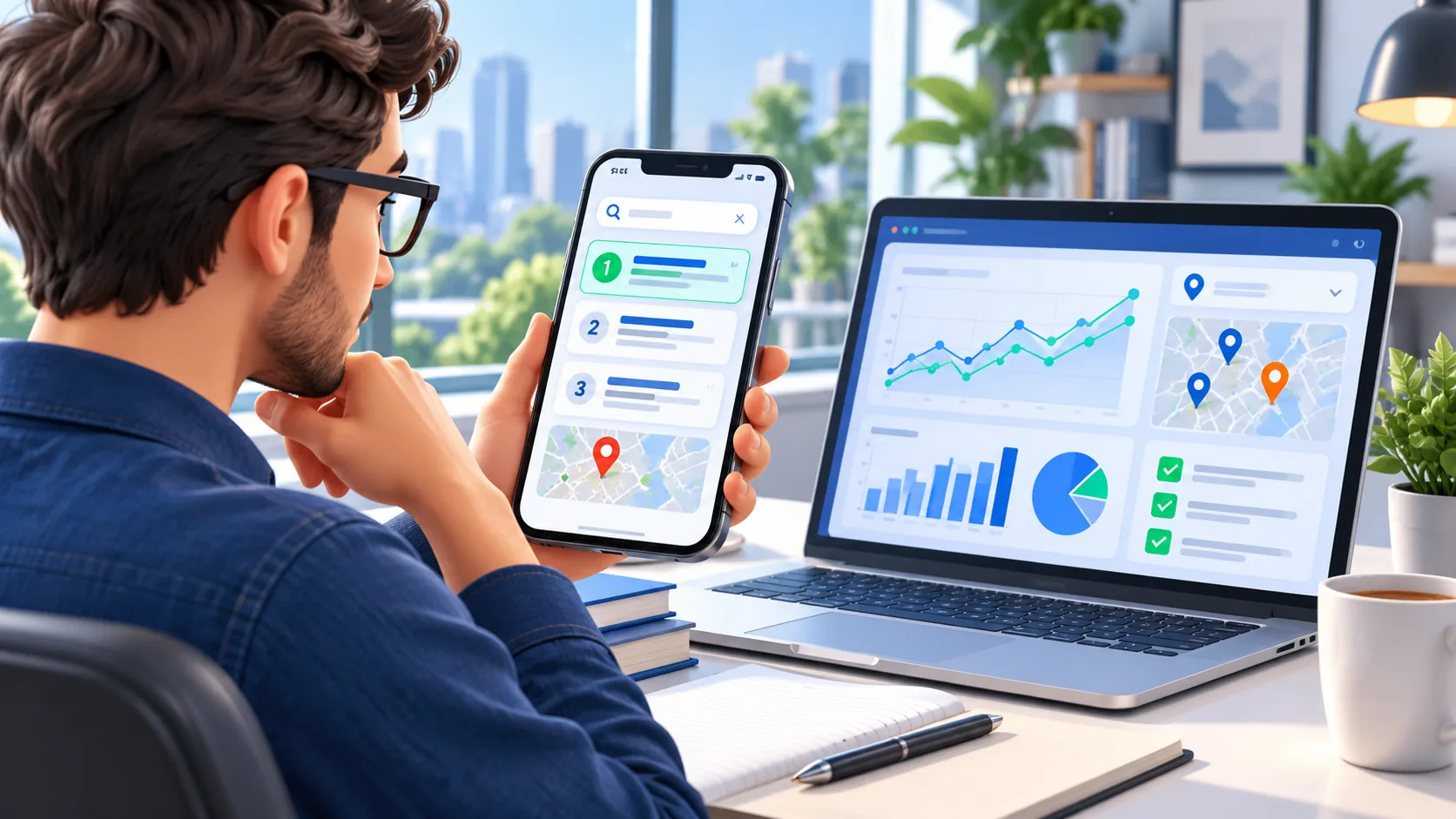 SEO-специалист проверяет мобильные позиции сайта на смартфоне и аналитике