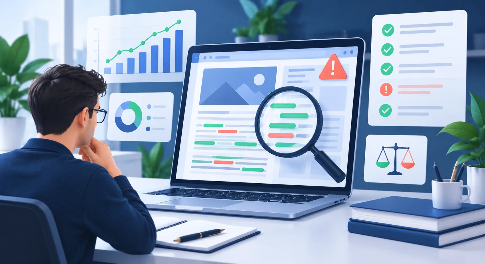 SEO-специалист проверяет переоптимизацию страницы: ключевые слова, текст и аналитика