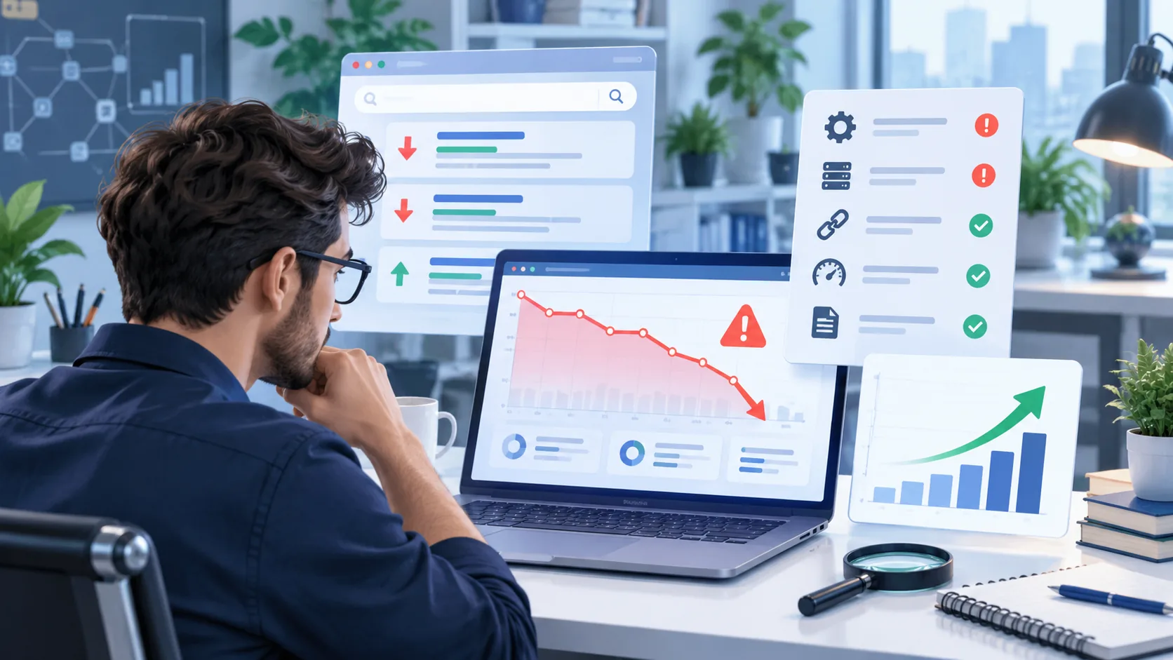 SEO-специалист анализирует резкое падение позиций сайта на графике