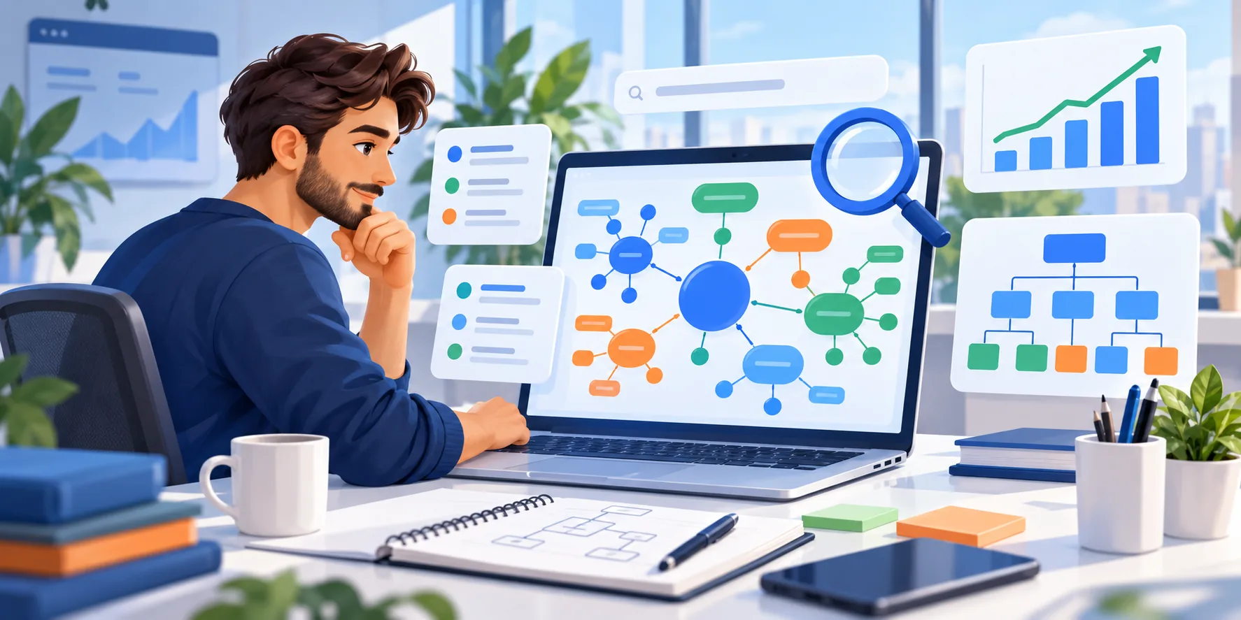 SEO-специалист собирает семантическое ядро сайта и группирует ключевые запросы