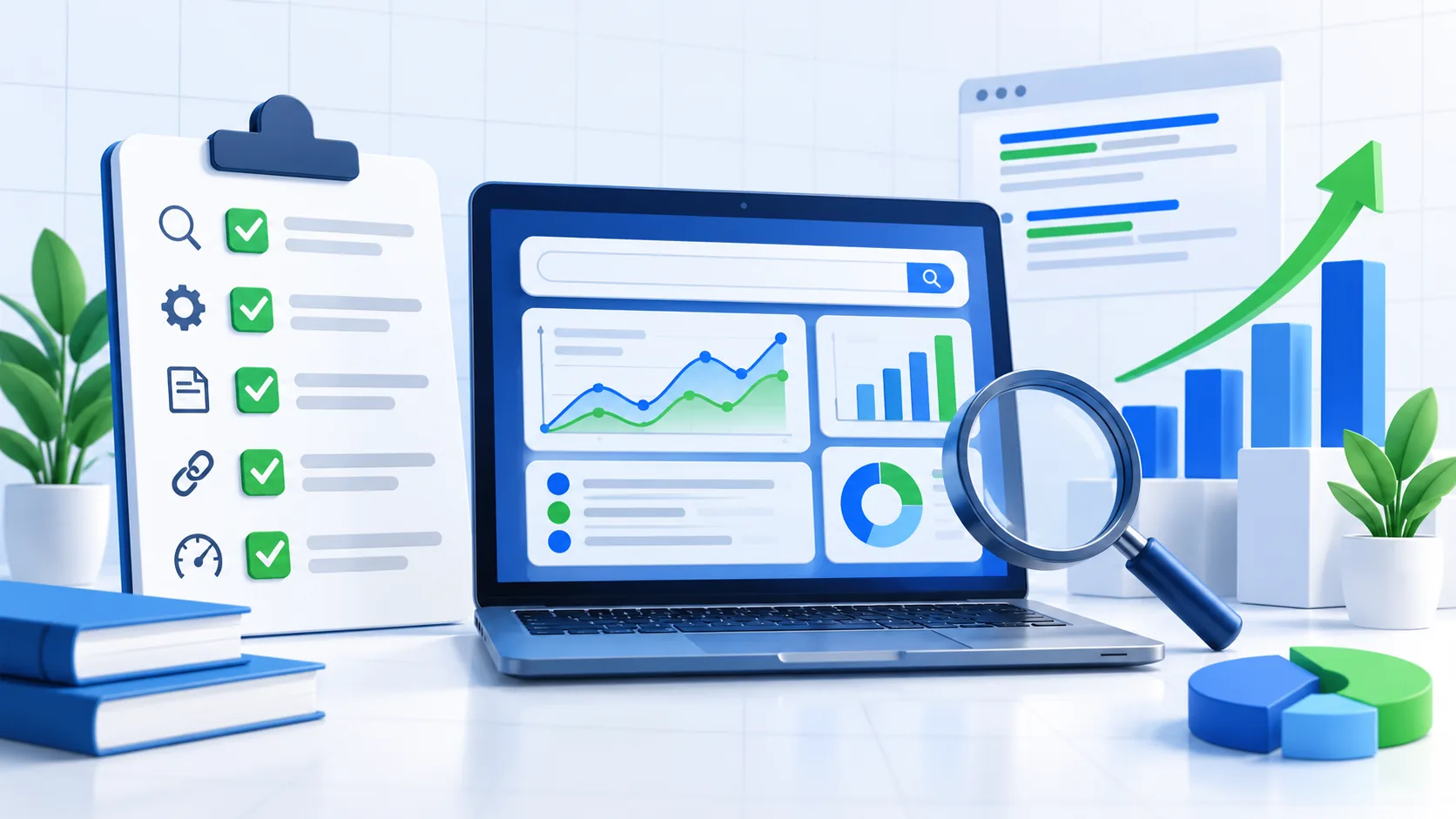 SEO-чек-лист сайта: ноутбук с аналитикой, список проверок и график роста
