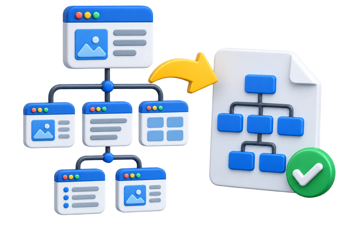 Прозрачная иллюстрация создания sitemap.xml: структура сайта превращается в XML-карту