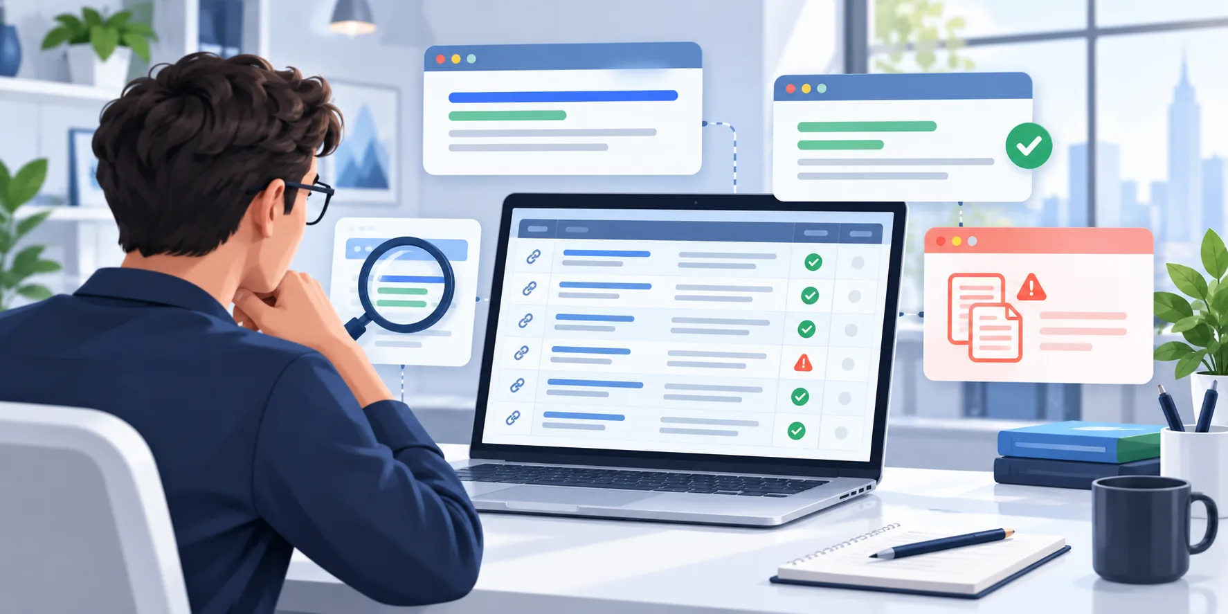 SEO-специалист проверяет Title и Description всех страниц сайта на панели аудита